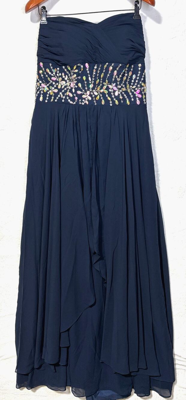 HEBEOS Women's Strapless Empire Waist Navy Chiffon Embellished Gown | NWT